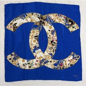 CHANEL Silk Scarf 32in Blue CC Logo Jewelry Motif Square Elegant
